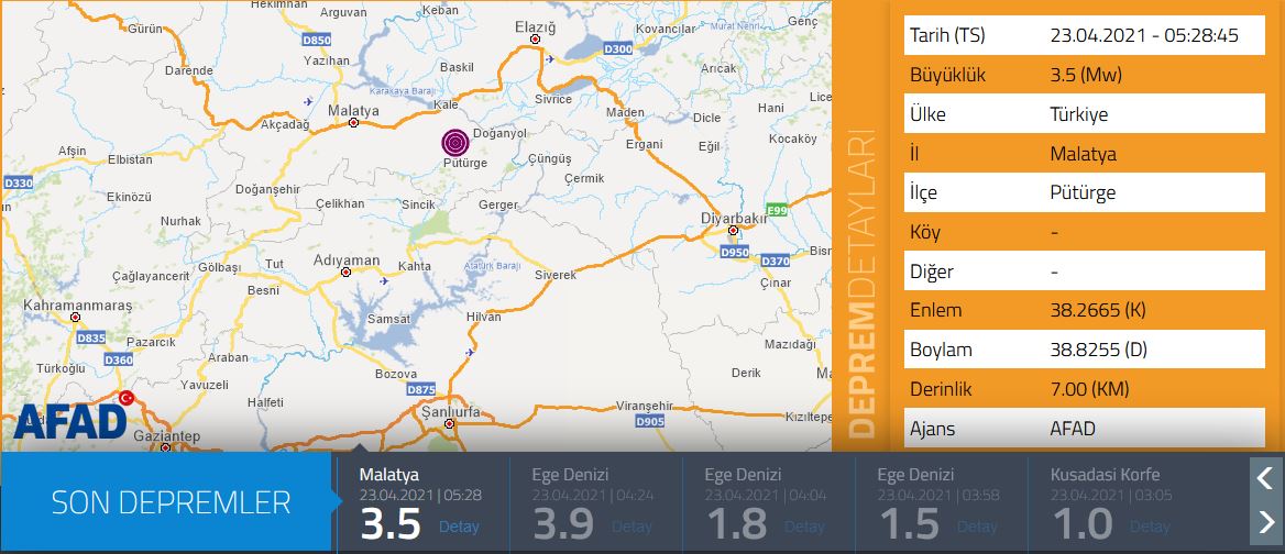 Malatya Pütürge'de 3,5 büyüklüğünde deprem